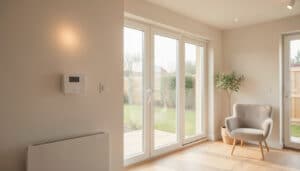 Interieur de maison econome en energie avec thermostat connecte et eclairage LED